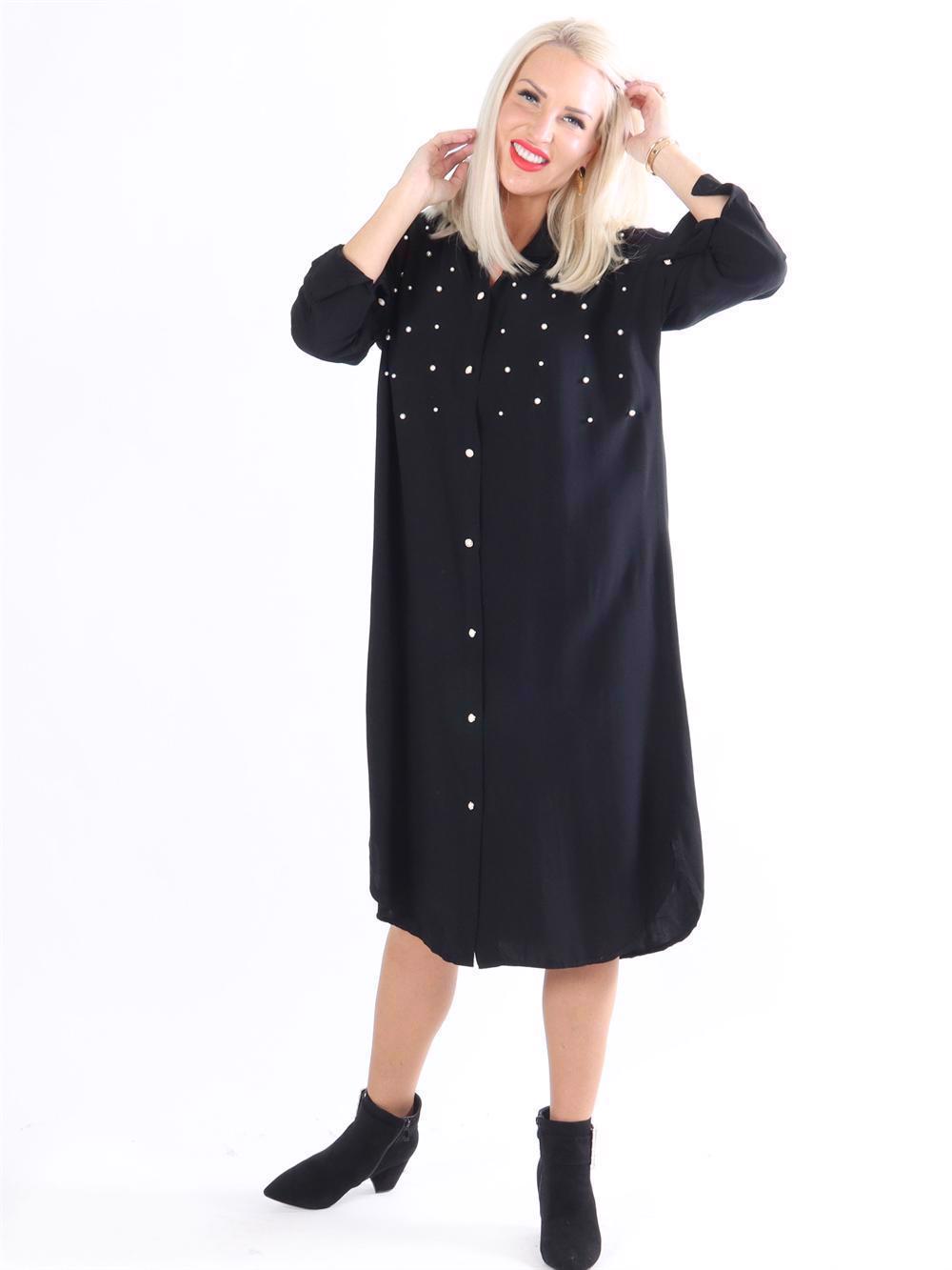 Jules - Lång skjortklänning med vita pärlor